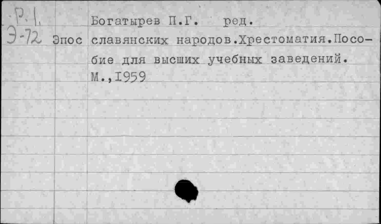 ﻿		Богатырев П.Г. ред.
	Эпос	славянских народов.Хрестоматия.Посо
		бие для высших учебных заведений.
		М.,1959